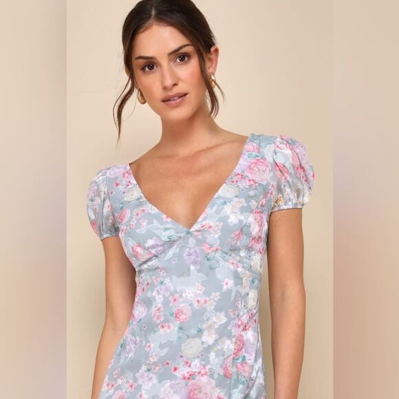 NEW LULUS Elegant Personality Slate Blue Floral Burnout Midi Dress Size S - Picture 2 of 13